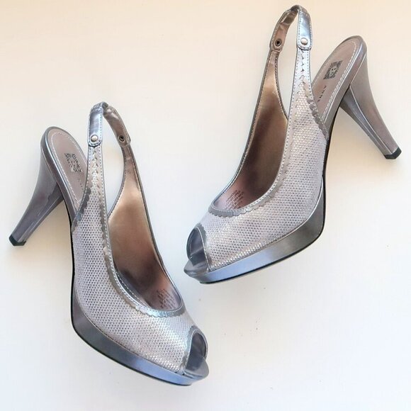 Anne Klein Shoes - Anne Klein Silver Leather Leather Peep Toe Sling-back Platform Heels Pumps Shoes
